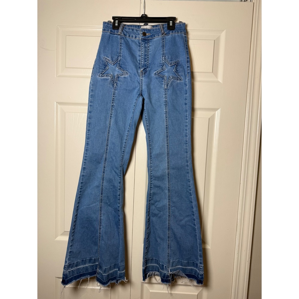 Litz by Uniq Blue Star Patch Center Seam Slit Raw Flare Bell Bottom Hippie Jeans